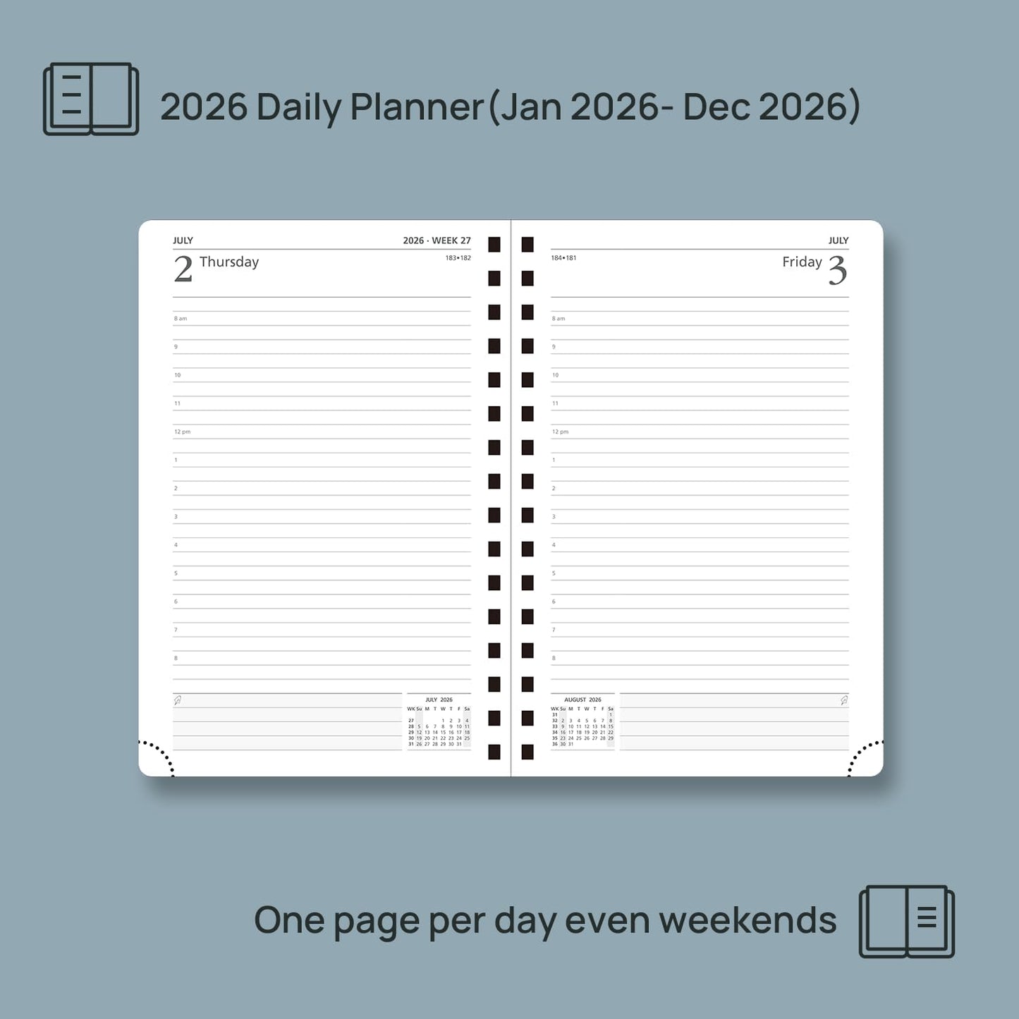 POPRUN 2026 Daily Planner One Page A Day - [8.5" x 5.75" Wire-Bound Hard Cover] Agenda 2026 Hourly Appointment Book with Monthly Calendar, Inner Pocket, Ivory Paper - Pacific Green