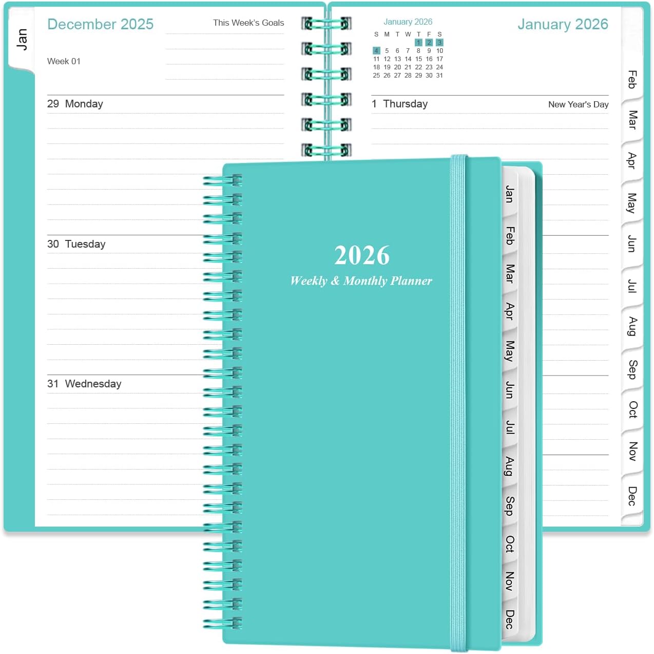 2026 Pocket Planner/Calendar - 2026 Planner from January 2026 - December 2026, Planner 2026 with 12 Tabs, Twin-Wire Binding, Inner Pocket, 3.75" x 6.75, Teal