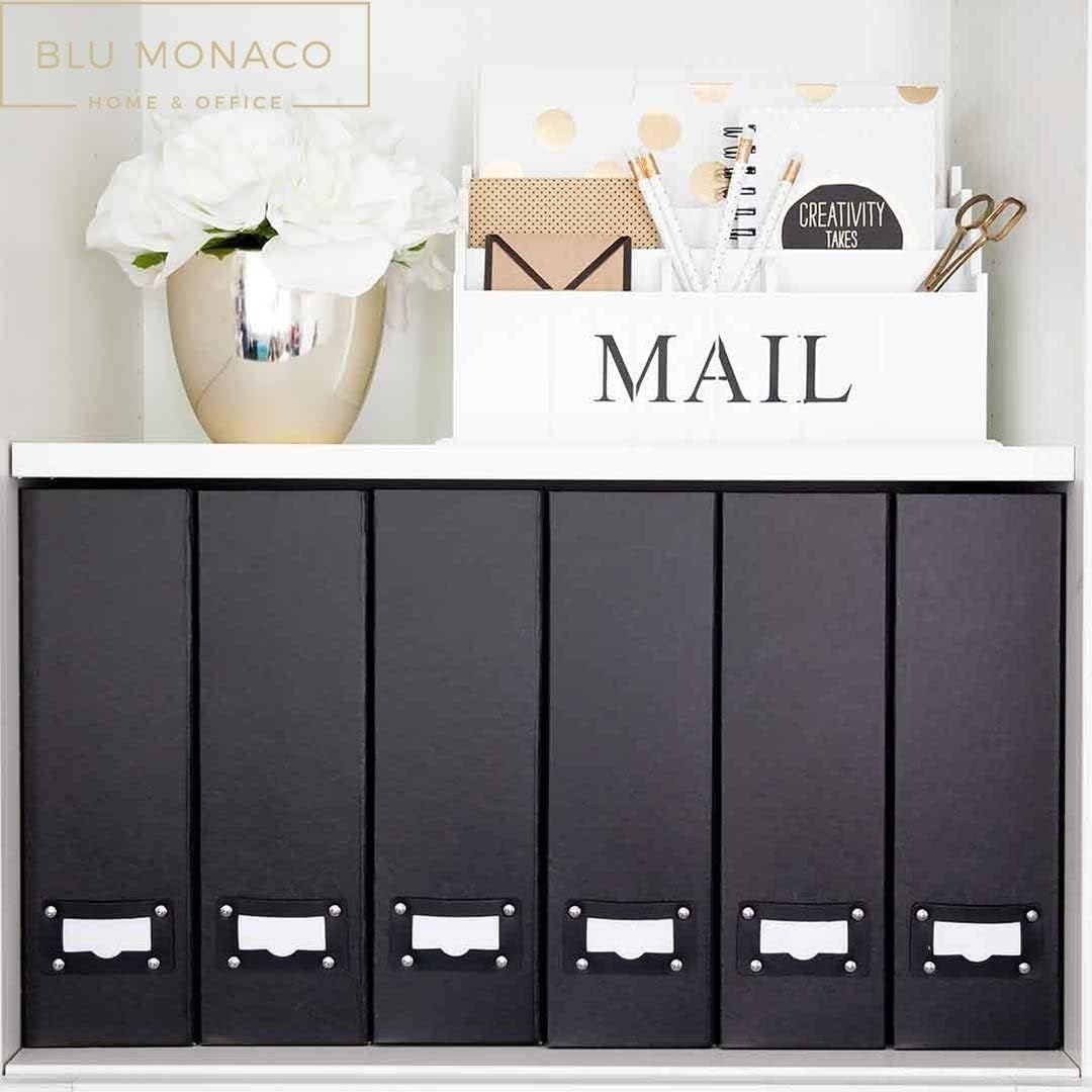 Blu Monaco Foldable Black Magazine File Holder with Leather Label Holder - Set of 6 Cardboard Magazine File Boxes Desk File Organizer
