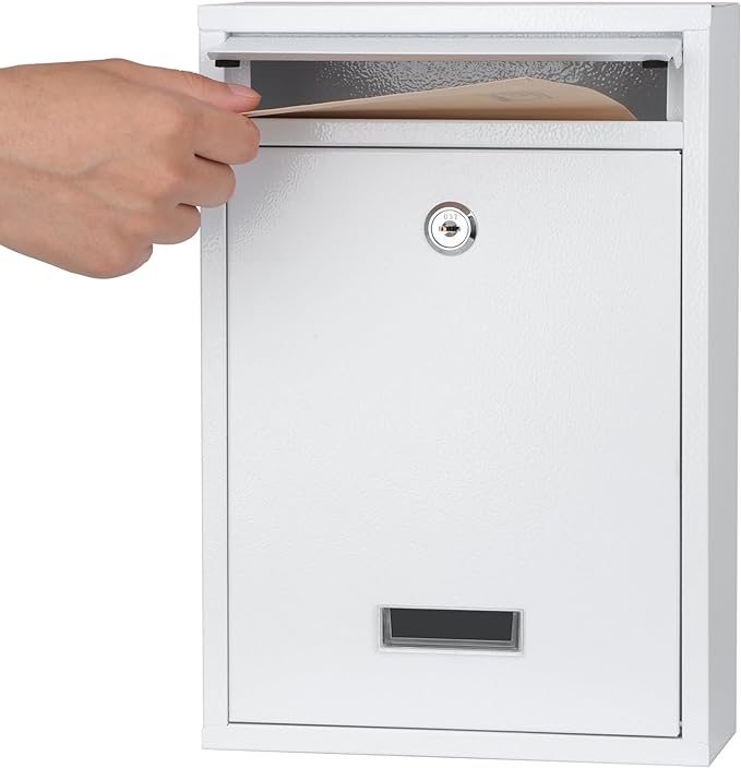 KYODOLED Key Lock MailBoxes for Outside, Locking Wall Mount Mailbox, Security Key Drop Box for Letters Newspapers, Cards, 12.4H x 8.54L x 3.35W Inches, White