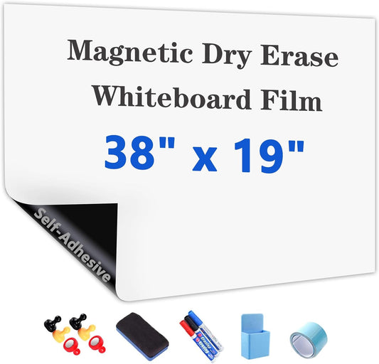 Magnetic Dry Erase Whiteboard Paper with Adhesive, 38" x 19" White Board Film for Wall, Easy to Write and Clean Dry Erase Board for Office, Classroom, Home, Include Marker, Magnetic Eraser and Magnets