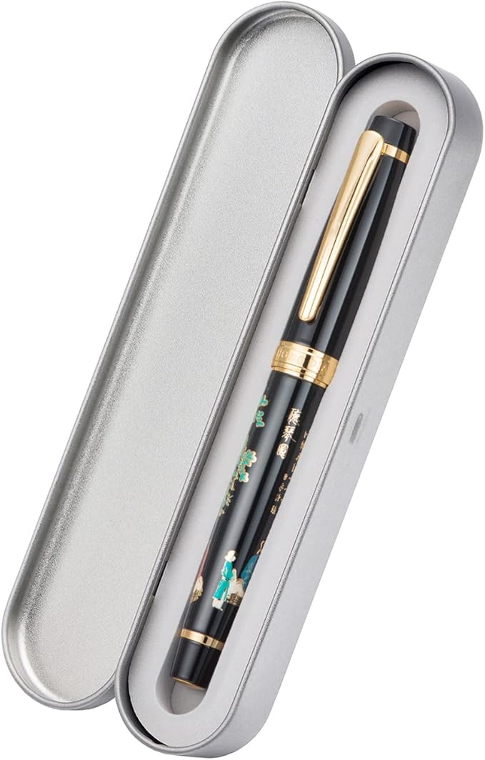 Hongdian 231 Chinese Classical Fountain Pen, Iridum Extra Fine Gold Nib with Chinese Painting Design, Smooth Writing Pen with Ink Converter and Metal Pen Box Set
