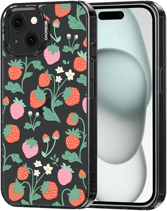 MOSNOVO Case for iPhone 15 Plus, [10ft 4X Military-Grade Drop Protection] Durable & Shockproof Phone Case Cover Design for iPhone 15 Plus / 14 Plus - Strawberry Garden - Clear Black