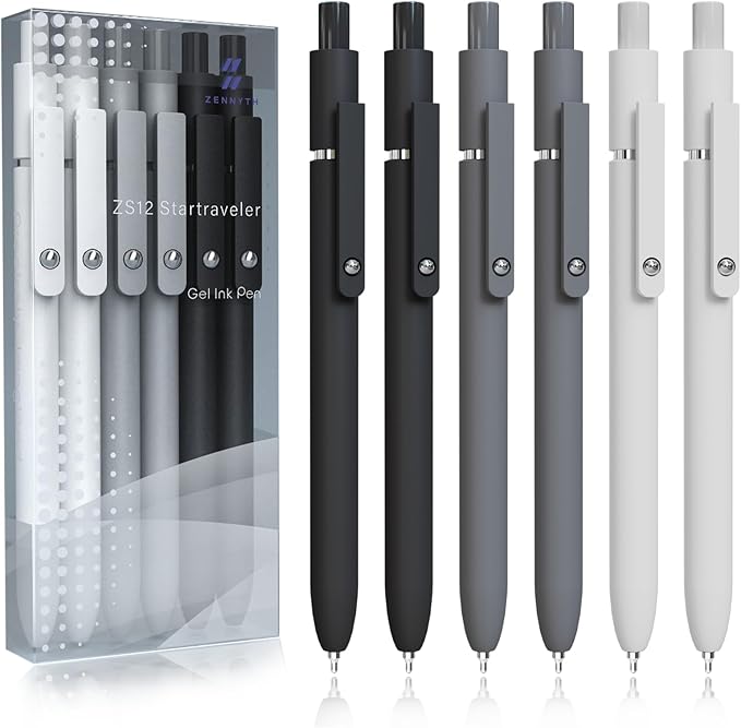 Gel Pens, 6 Pcs 0.5mm Fine Point Black Ink Pen With Smooth Writing, Office Desk Accessories, School Supplies Gifts for Men Women, Quick Dry Pens For Journaling, Black/Gray/White