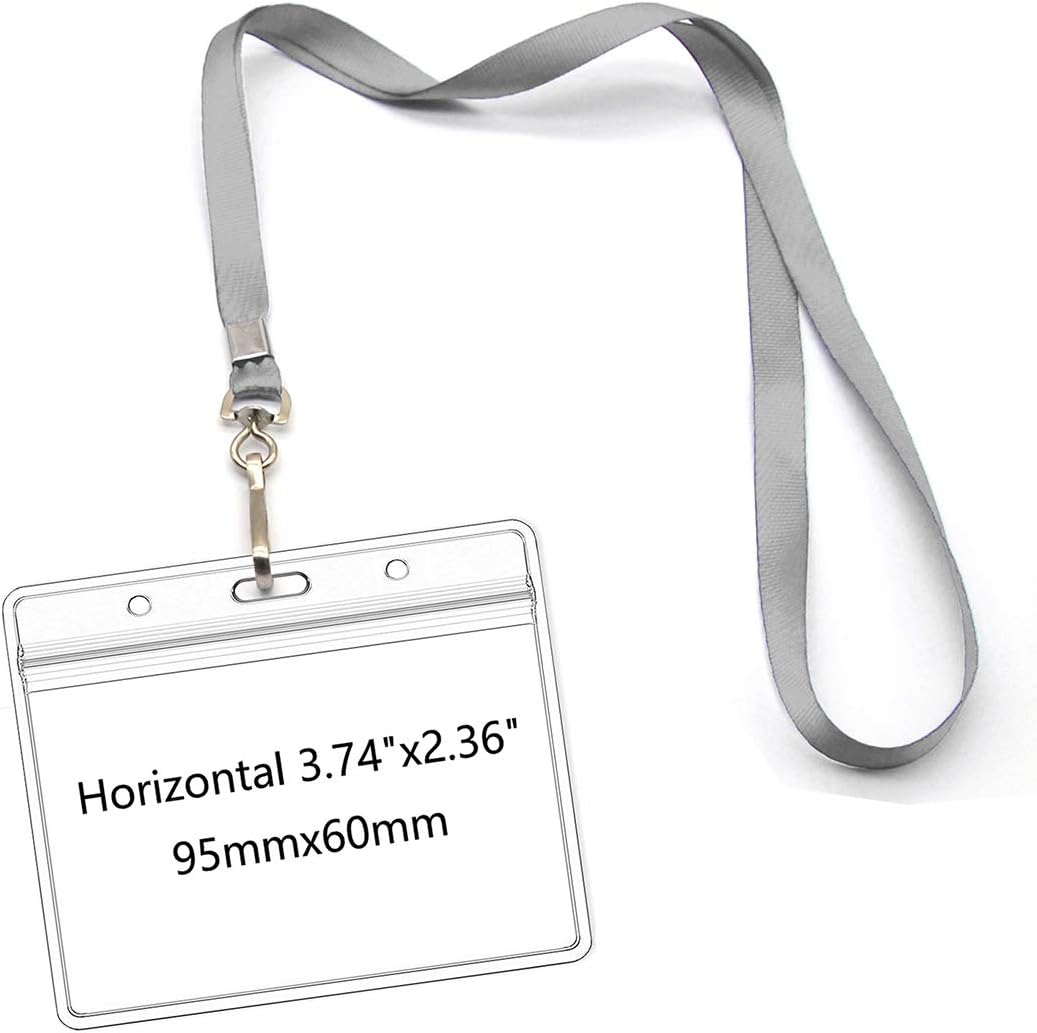 Lanyards with Id Holder Name Badges Waterproof Name tag Badge Holders with Neck Lanyard Swivel J-Hook Clip 50 Pack (Gray, Horizontal)