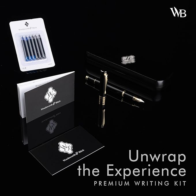 Wordsworth & Black Fountain Pen Set, Luxury Bamboo Wood - Medium Nib, Gift Case; Includes 6 Ink Cartridges, Ink Refill Converter -Journaling, Calligraphy, Drawing, Smooth Writing [Black Wood]