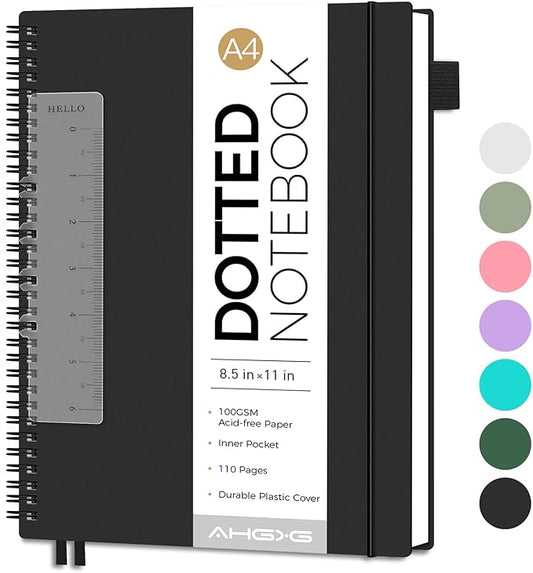 AHGXG Bullet Dotted Journal - Dot Grid Spiral Notebook 8.5" x 11", A4 Large Dotted Notebook, 100 GSM Thick Paper, Waterproof Plastic Cover Journals for Bullet Journaling, Sketching, Black