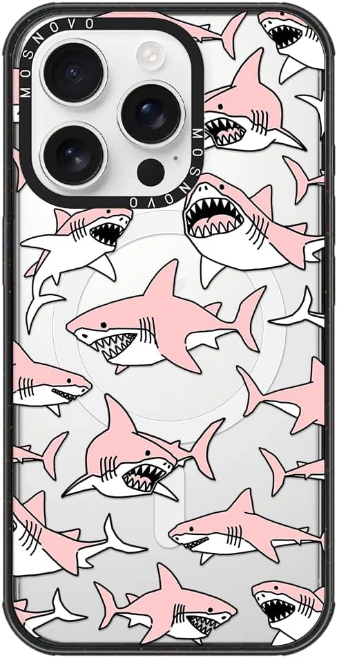 MOSNOVO Magnetic Case for iPhone 16 Pro, 10ft Military-Grade Protection, Compatible with Magsafe, Shockproof Phone Case for iPhone 16 Pro - Pink Sharks - Clear Black