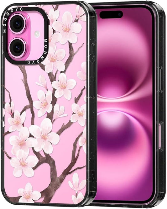 MOSNOVO Case for iPhone 16, [10ft 4X Military-Grade Drop Protection] Durable & Shockproof Phone Case Cover Design for iPhone 16 - Cherry Blossom - Clear Black