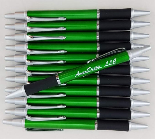 ezpencils - Personalized - Elegant Tip and Click Silver Accents on Green Solid Color Body and Black Grip - Bullet Ballpoint Pens - 12 pkg - ** FREE PERZONALIZATION **