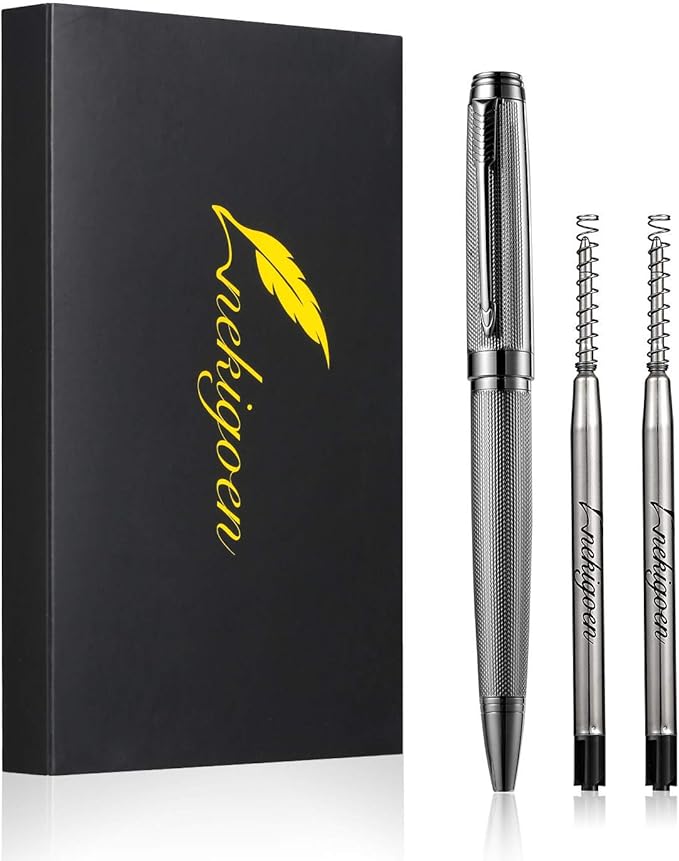 Ballpoint Pen with Gift Box for Men Women,Luxury Stainless Steel Retractable Pen Executive Home Office Use, and 2 Extra Refills Black Ink 1.0mm B2 (full gray)