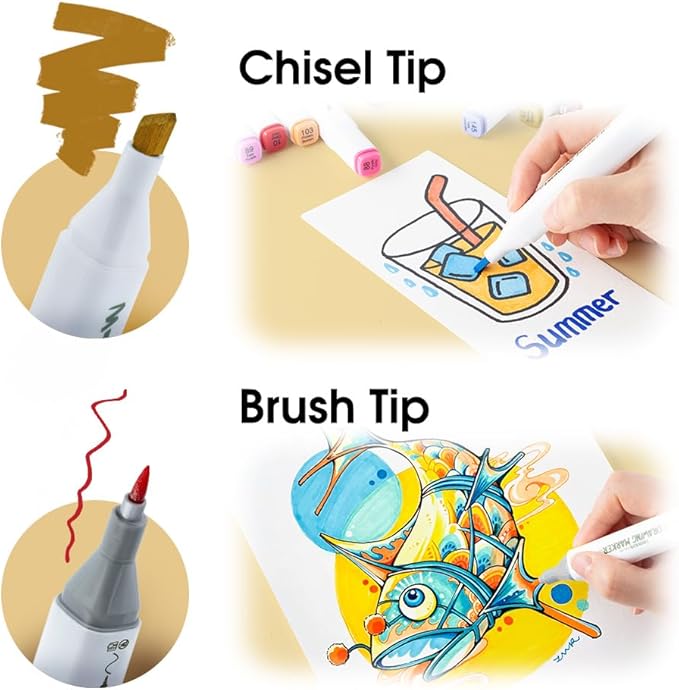 TRANSON Alcohol Markers for Drawing Coloring 24 Colors Dual-tip Brush and Chisel Tips