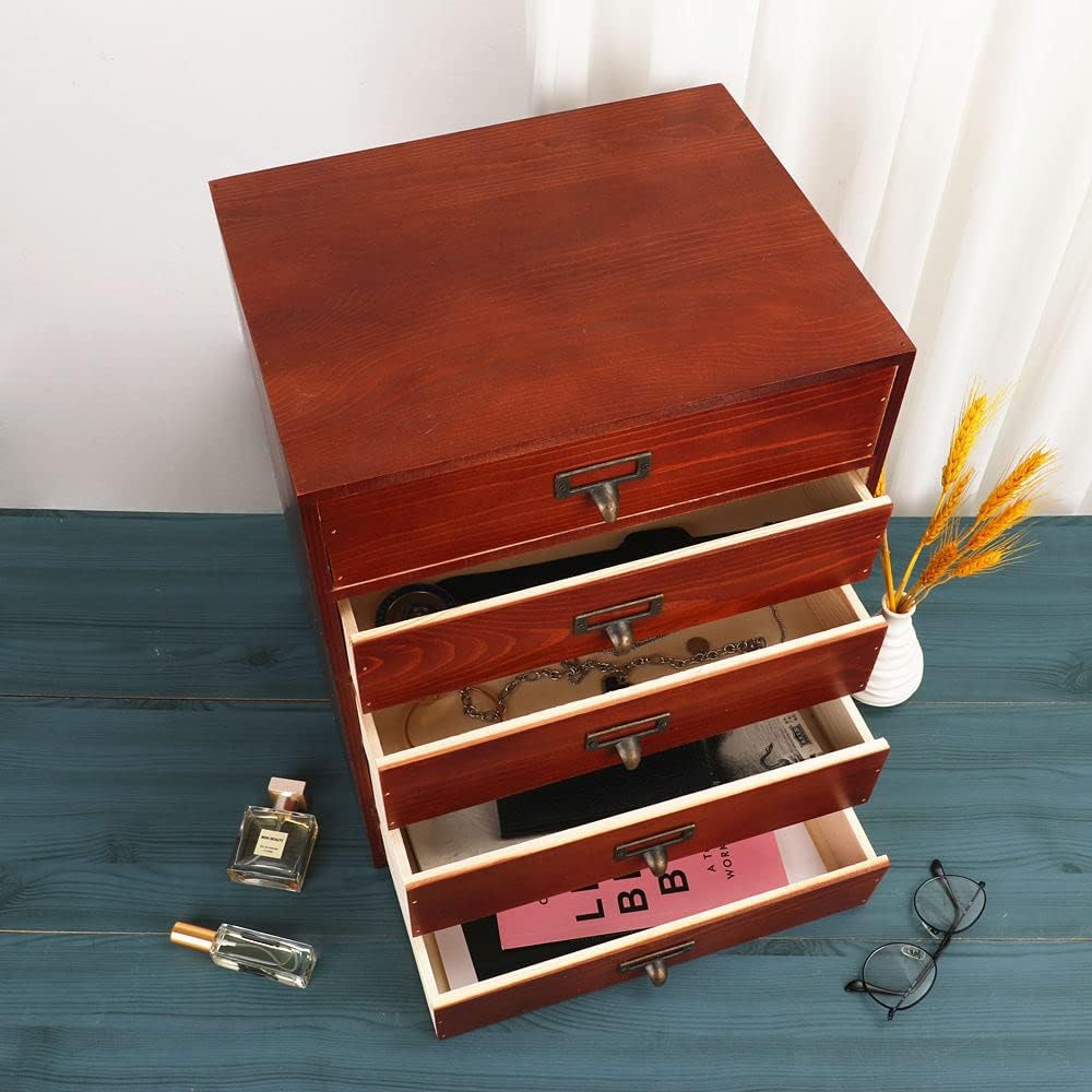 Large Wooden Drawer Rustic Desk Organizers and Accessories Wooden Storage Dox with Drawers Paper Storage Drawer Wood File Organizer Library Card Catalog Cabinet Apothecary Cabinet (L-BROWN)