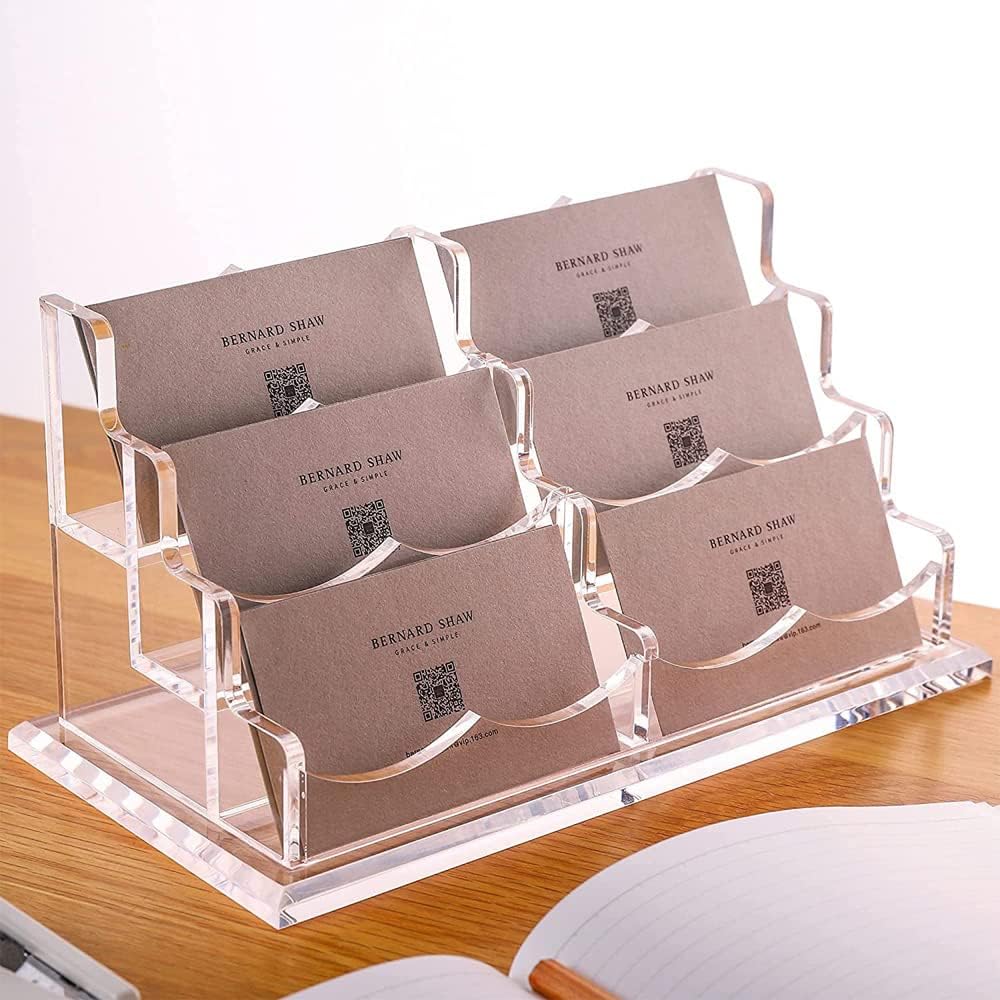 Business Card Holder for Desk, Vertical Clear Acrylic Business Card Display Holders for Desktop (3Tier 6Pocket), (BCH-01)