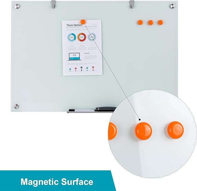 Glass Dry Erase Board, 36 x 24 Inches Magnetic Glass Whiteboard for Wall, 3' x 2' Frameless Board for Office, Home, School