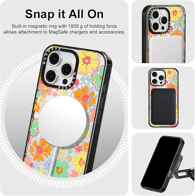 MOSNOVO Magnetic Case for iPhone 16 Pro Max, 10ft Military-Grade Protection, Compatible with Magsafe, Shockproof Phone Case for iPhone 16 Pro Max - Retro Boho Hippie Flowers - Clear Black