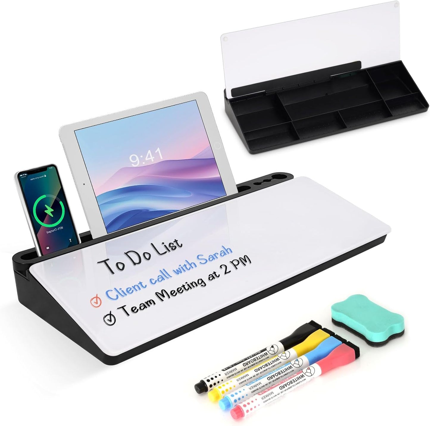 Desktop Glass Whiteboard with Storage, Desk White Board with Computer Keyboard Stand, White Dry Erase Board with Drawers for Home, School, Office Desk Organizers and Accessories
