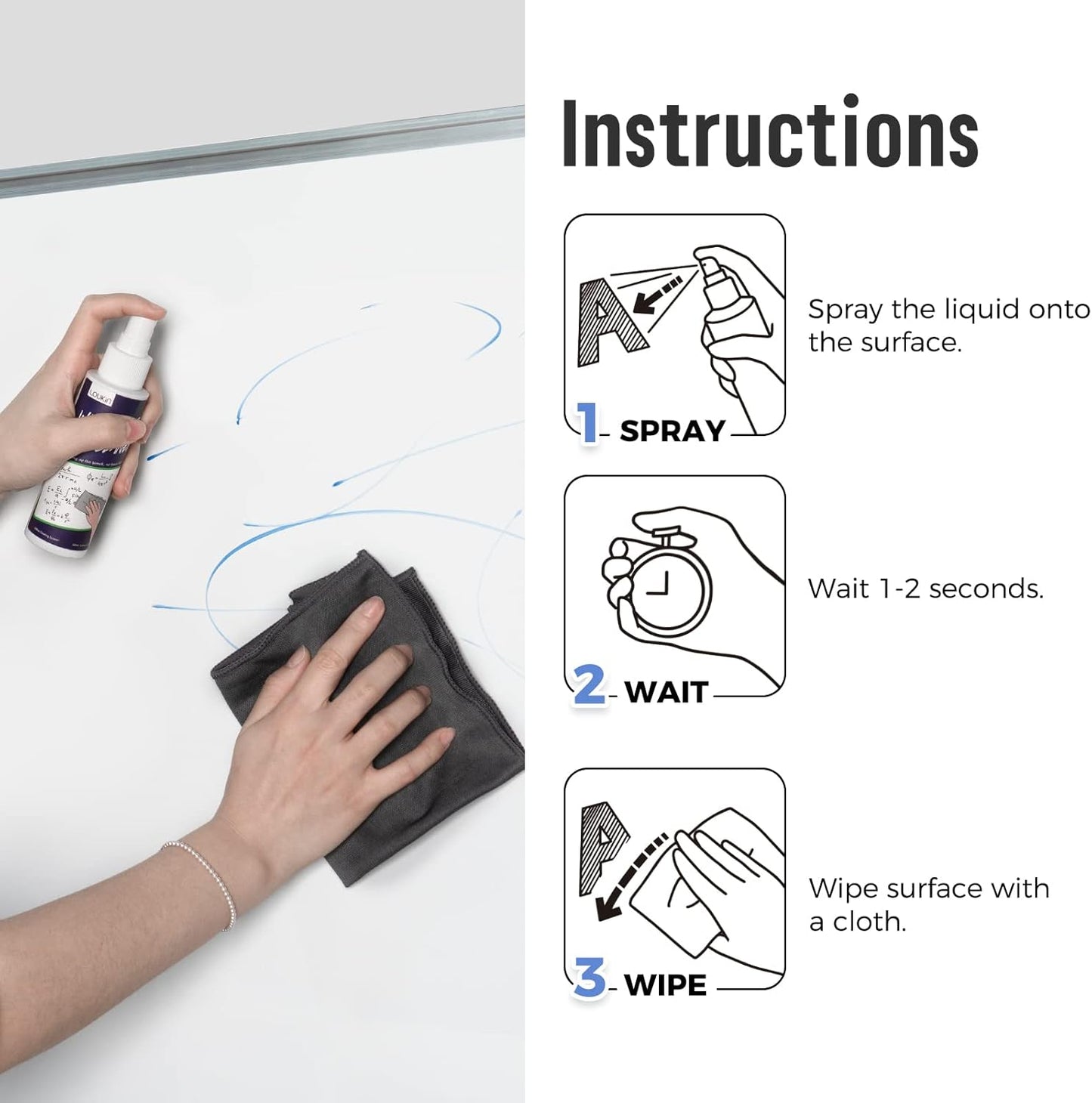 loukin Non-Toxic Whiteboard Cleaner, 8.5 fl oz Dry Erase Board Cleaner, Low-Odor Whiteboard Cleaning Spray with Cloths, Removes Stubborn Marks from Whiteboards, Chalkboard (6-Pack)