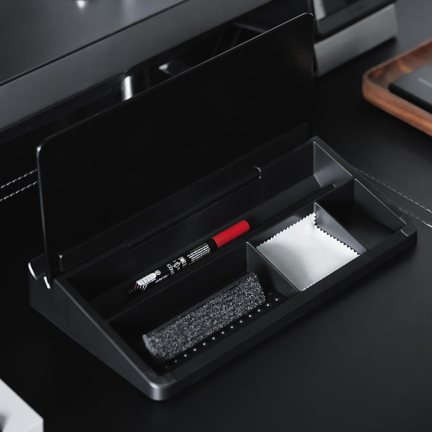 Glass Desktop Whiteboard with Storage 12"x6.5", Black Glass Desk Dry Erase Board Writing Board w. 4 Liquid Chalk Markers,1 Eraser Monitor Memo Board, Home Office Essentials