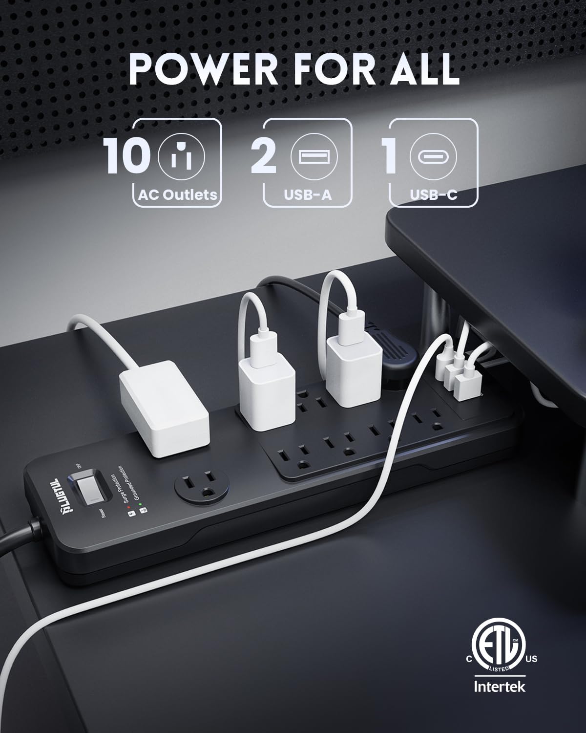 Surge Protector Power Strip 20FT, PLUGTUL Surge Protector with 10 Outlets - Spacious Design for Large Plugs, Flat Plug, 20W USB C Charging for Home, Office, ETL Listed, 2040J