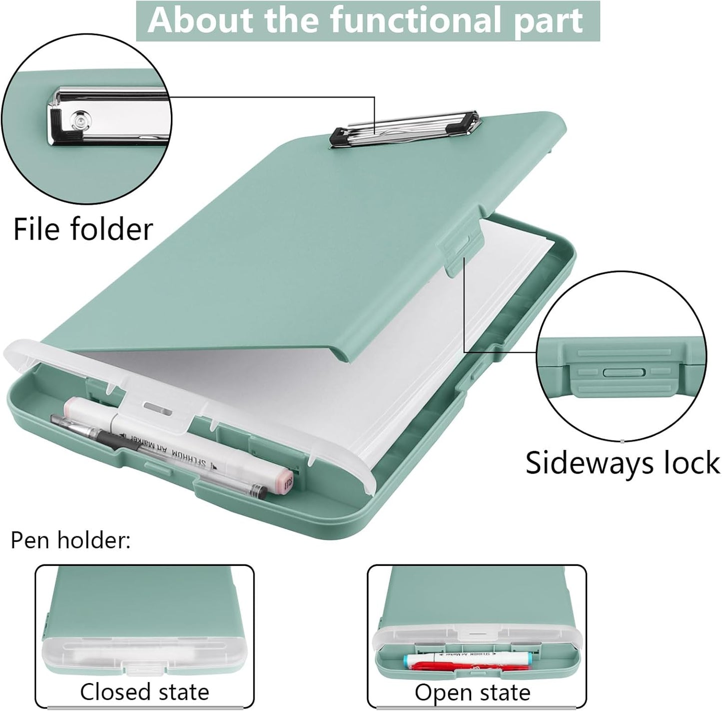Clipboard with Storage,A4 Binder Nursing Clipboards with Pen Holder,Heavy Duty Storage Clipboard with Low Profile Clip, Clipboards Folder Side-Opening Clip Boards,Smooth Write Clip Board (Dark Green)