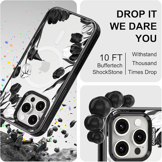 MOSNOVO Case for iPhone 15 Pro Max, [10ft 4X Military-Grade Drop Protection] Durable & Shockproof Phone Case Cover Design for iPhone 15 Pro Max - Black White Tulips - Clear Black