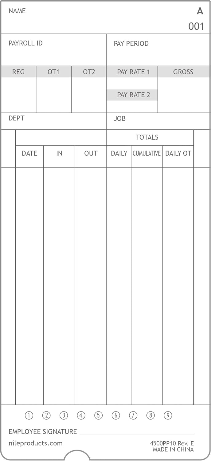 Nile Products - Authorized Time Cards for Nile Products 4500PP Compatible [ 4500PP10 ] Electronic Time Clock, Double Sided Time Sheets (3.37 x 7.37 Inches) - 100 Time Cards Per Package