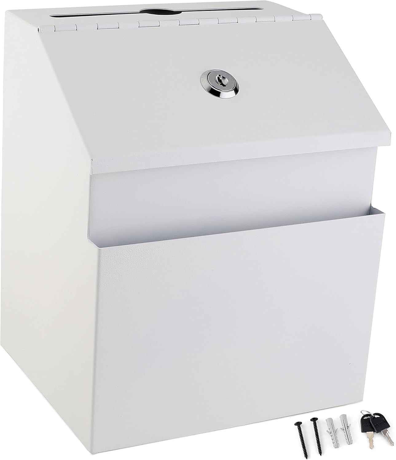 Suggestion Box with Lock and keys, Metal Wall Mounted Ballot Box, Iron steel Donation and Collection Drop Box 8.5" H x 6" W x 7" L with wide 5.5" Slot and front sheet holder (White)