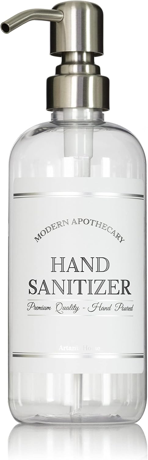 Refillable Clear PET Plastic 16 oz Empty Hand Sanitizer Bottle with Stainless Steel Pump Dispenser - Chrome Accent Waterproof Labeled Bottle