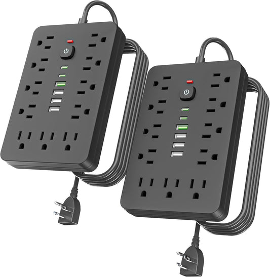 2PCS 5 FT Flat Plug Surge Protector Power Strip,11 Multiple AC Outlets with 6 USB Ports (2 USB C), 5 Feet Extension Cord, 1250W/10A, One Touch Switch Button, 17 in 1 Compact powerstrip