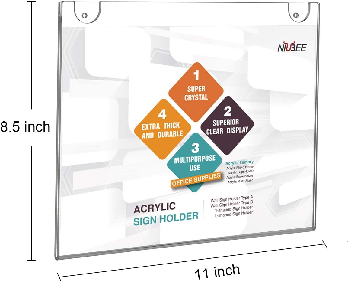 NIUBEE 30-Packs Acrylic Wall Sign Holder 8.5x11 Horizontal, Clear Plastic Picture Frames , Wall Mounted Design.