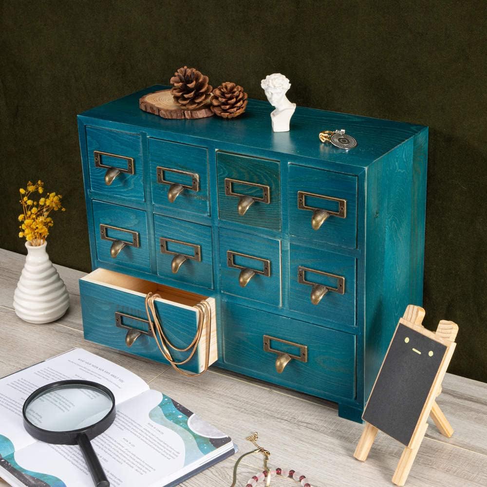 Apothecary Cabinet with 10 Drawers & Labels Rustic Library Card Catalog Cabinet Desktop Wooden Storage Box for Organize Herbal、Tea Bag、Jewelry (Blue)