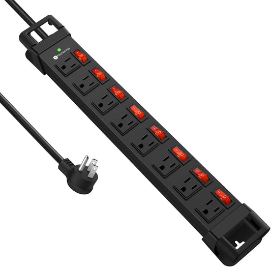 Heavy Duty Power Strip with Individual Switches,8 Outlets 14 Gauge Industrial Shop Garage Metal Multiple Outlets,1200J Surge Protector Mountable Power Strip (Black, 25 FT)