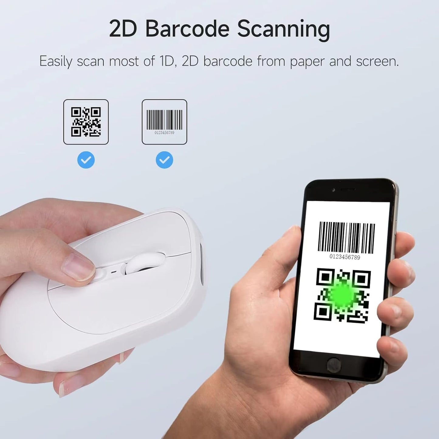 New Wireless Mouse Barcode Scanner, 2-in-1 Design 2D Handheld Barcode Scanner with Wireless Mouse Functions for POS System,Store,Supermarket, Warehouse.(White)