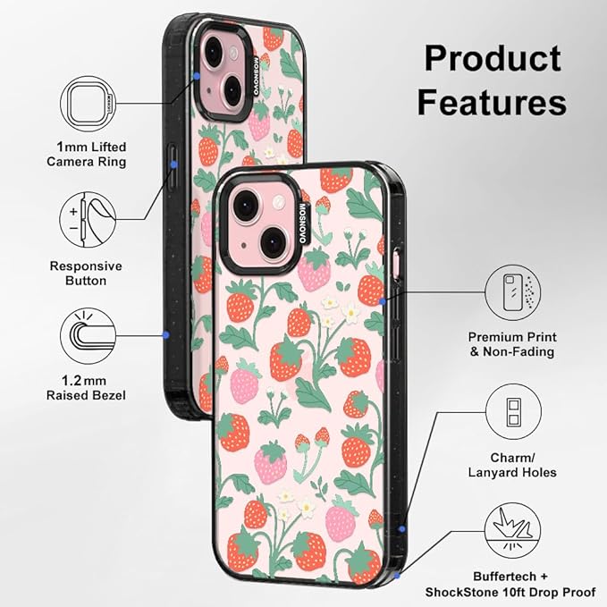 MOSNOVO Case for iPhone 15, [10ft 4X Military-Grade Drop Protection] Durable & Shockproof Phone Case Cover Design for iPhone 15 - Strawberry Garden - Clear Black