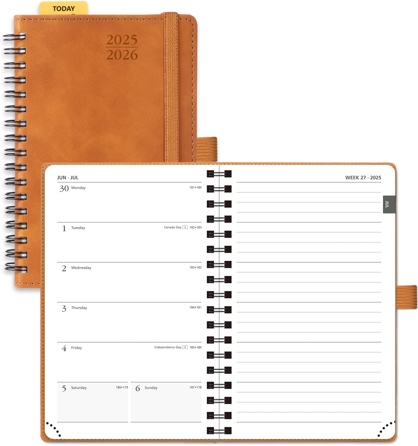 POPRUN Planner 2025-2026 Weekly Notebook (Pocket Size 4''x 6.25''), Small Academic Calendar for Purse with Spiral Soft Cover, Plastic Ruler, Inner Pocket, 100 GSM - Brown