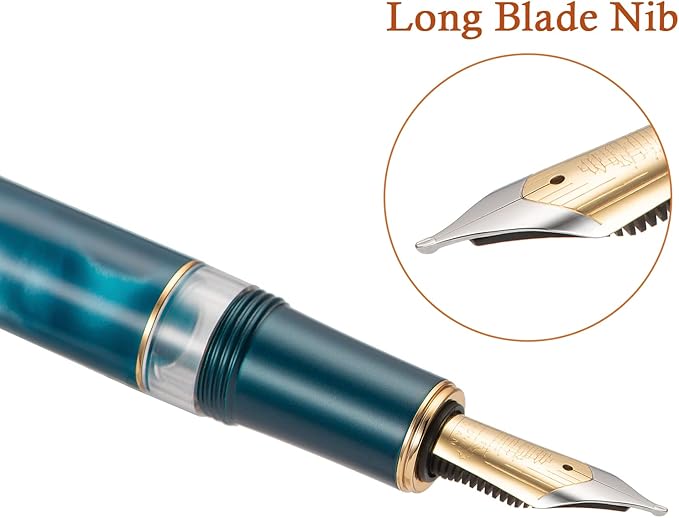 Hongdian N7 Blue Peacock Resin Piston Fountain Pen, Iridium Long Blade Fine Nib Classic Pen, Smooth Writing Pen with Metal Box