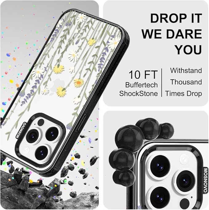 MOSNOVO Case for iPhone 14 Pro, [10ft 4X Military-Grade Drop Protection] Durable & Shockproof Phone Case Cover Design for iPhone 14 Pro - Wild Meadow - Clear Black