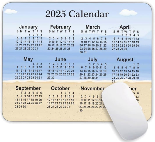 Calendar Mouse Pad, Gaming Mouse Mat with Custom Design, Non-Slip Rubber Base MousePads for Office Home Laptop Travel, 9.5"x7.9"x0.12" Inch (2025 Calendar Sky Beach Background)