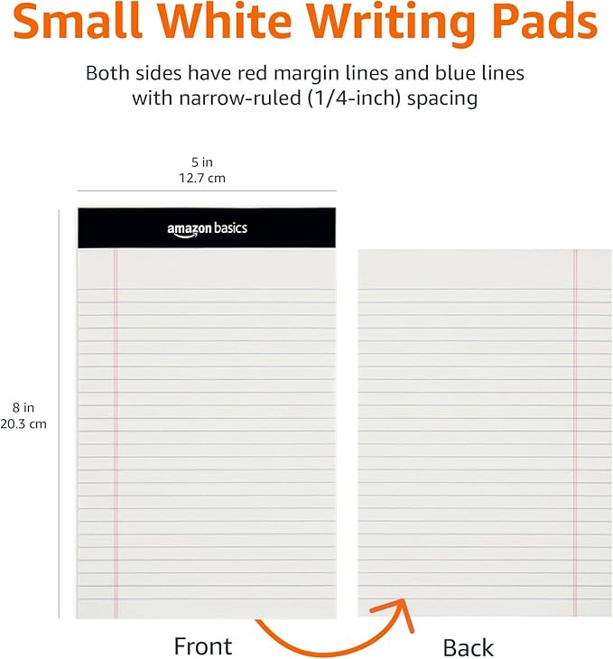 Amazon Basics Narrow Ruled Lined Writing Note Pad, 5 inch x 8 inch, White, 12 Count (12 Pack of 50 pages)