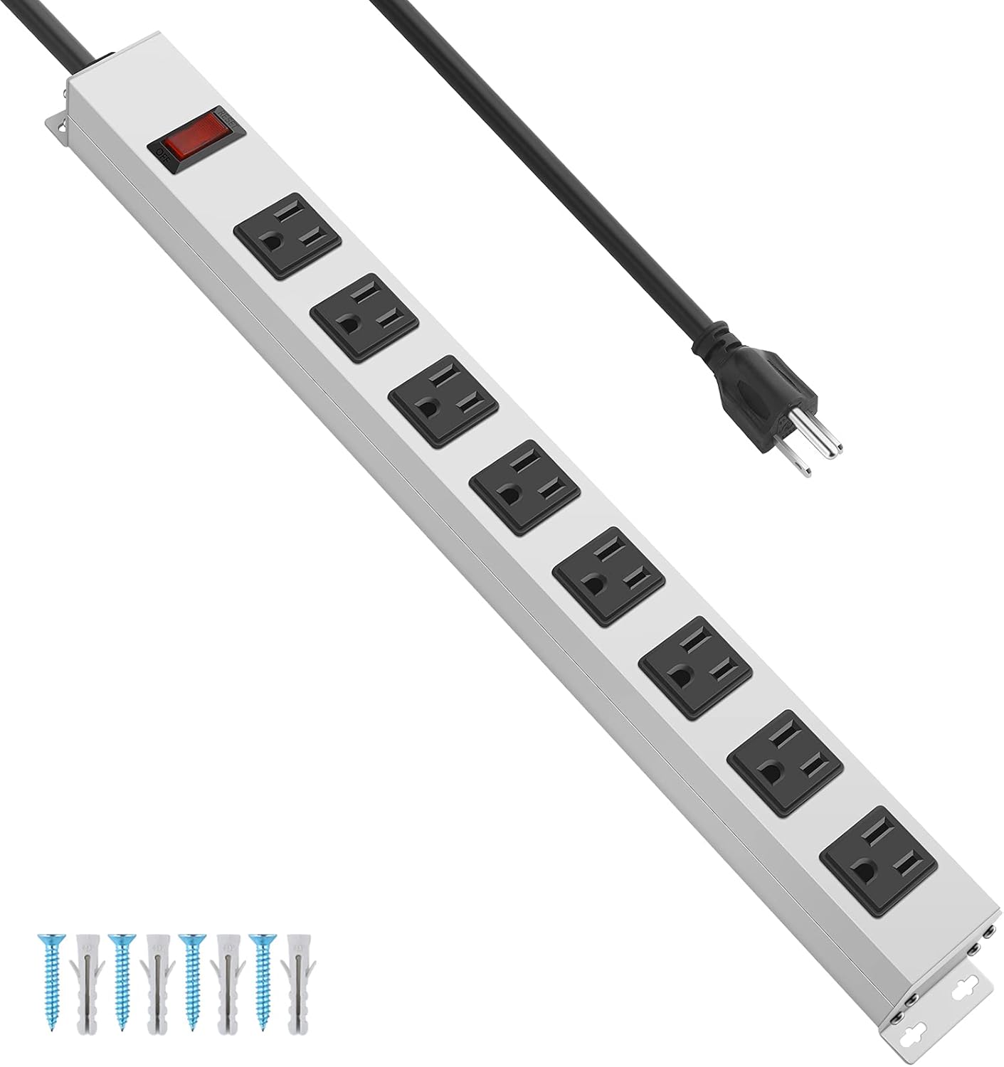 JUNNUJ Metal 8 Outlet Power Strip, Mountable Heavy Duty Power Strip, 1200J Surge Protector Wall Mount Screws Outlet with Switch, Gaming Desk Strips Wide Spaced 15A 125V 1875W, 6 FT 14AWG Power Cord