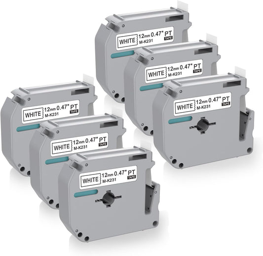 6 x Label Maker Tape Replacement for Brother P Touch M Tape M-K231 M-K231s MK231 MK-231 M231 12mm 0.47 White, Compatible with Brother P Touch PT-M95,PT-90,PT-70,PT-65,PT-85 Label Maker Refills,26.2 Ft