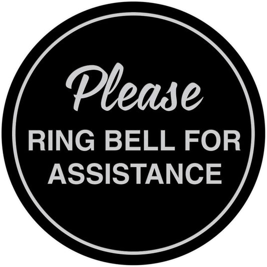 Signs ByLITA Circle Please Ring Bell For Assistance Wall or Door Sign | Easy Installation | Front Desk Reception Sign (Black/Silver) - Medium (2 Pack)