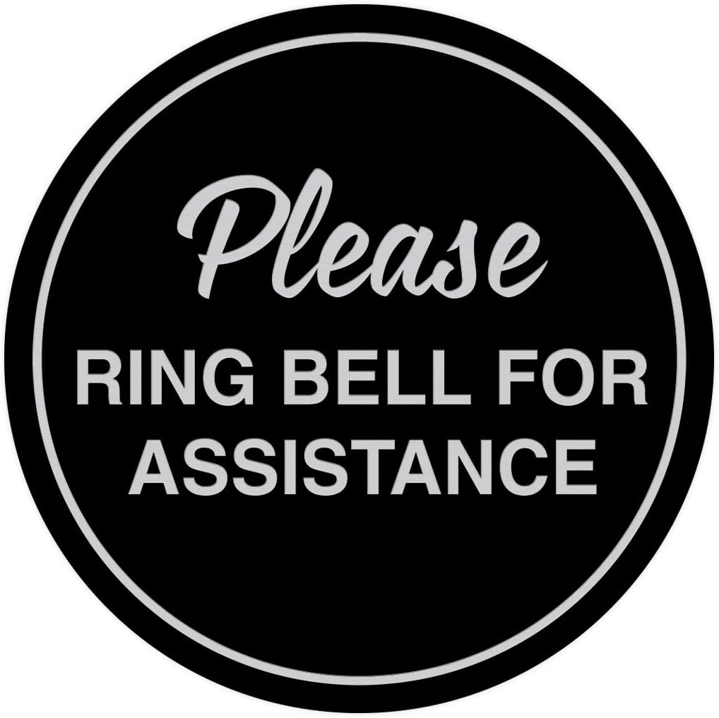 Signs ByLITA Circle Please Ring Bell For Assistance Wall or Door Sign | Easy Installation | Front Desk Reception Sign (Black/Silver) - X-large (1 Pack)