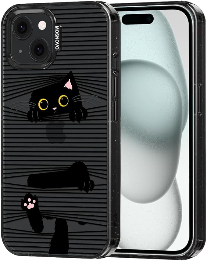 MOSNOVO Case for iPhone 15, [10ft 4X Military-Grade Drop Protection] Durable & Shockproof Phone Case Cover Design for iPhone 15 - Hidden Black Cat - Clear Black