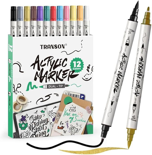 TRANSON 12 Colors Fine and Brush Dual-tip Acrylic Paint Marker Pen Set for Canvas Rock Wood Leather Ceramic DIY Painting