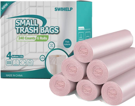 SWIHELP Trash Bags, 4 Gallon / 15 Liters Small Garbage Bags for Office, Kitchen,Bedroom Waste Bin,Colorful Portable Strong Rubbish Bags,Wastebasket Bags 240 Counts