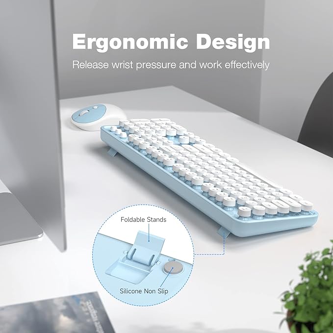Wireless Keyboard and Mouse, Typewriter Full Size Keyboard with Number Pad and 2 in 1 USB Connected Mouse for Mac, Windows 7/8/10, Laptop, Desktop, PC, Computer (Blue-White)