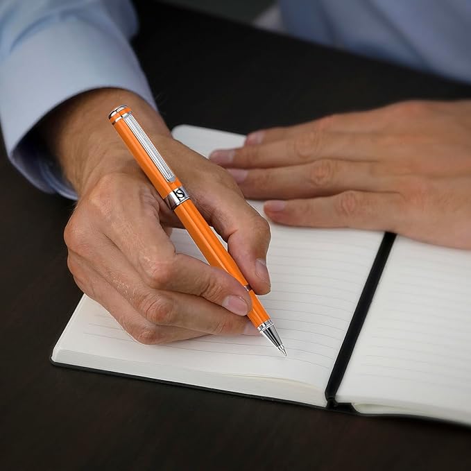 Scriveiner Orange Rollerball Pen - Stunning Luxury Pen With Chrome Finish, Schmidt Ink Refill, Best Roller Ball Gift Set for Men & Women, Professional, Executive Office, Nice Pens