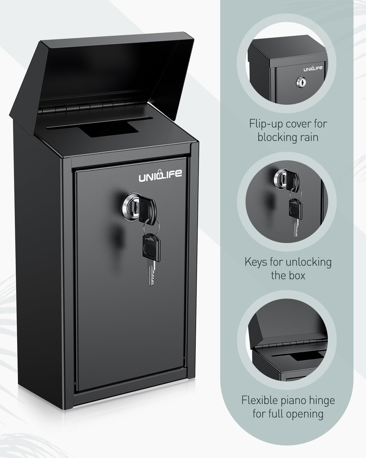 Uniclife Black Metal Donation Box Wall Mounted Mailbox with Top Slot, Collection Box with Key Lock, Safe Suggestion Box, Key Drop Box for Outside, Steel Cash Drop Box for Home Office and Business
